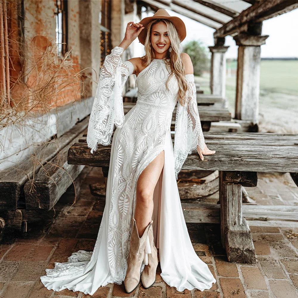Customized Cold Shoulder Bell Sleeve Wedding Dress Bohemian Side Slit Bridal Dress with Train Bridal Gown for Wedding Occasions