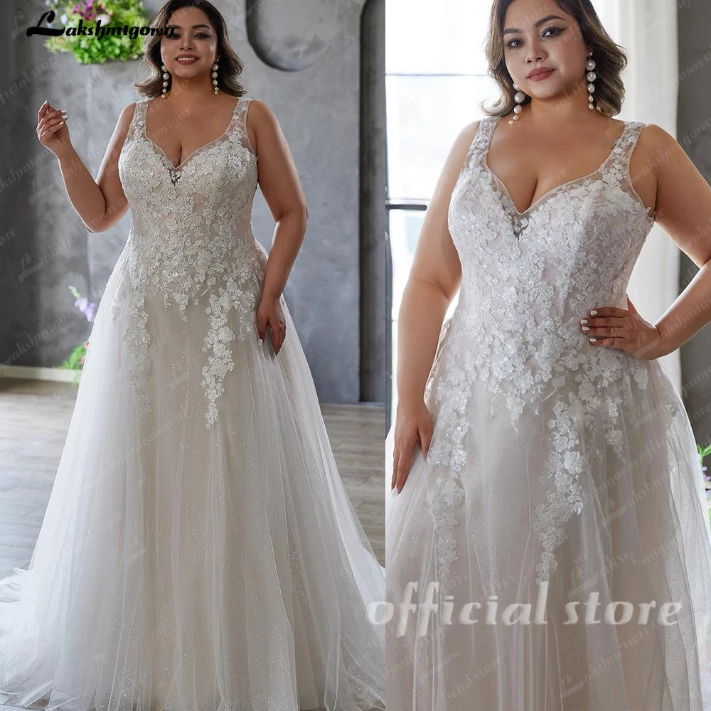 ZapDress Plus Size V-neck Wedding Dresses For Woman Bride Illusion Back A-line Tulle Appliques Bridal Gown Customized