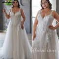 ZapDress Plus Size V-neck Wedding Dresses For Woman Bride Illusion Back A-line Tulle Appliques Bridal Gown Customized