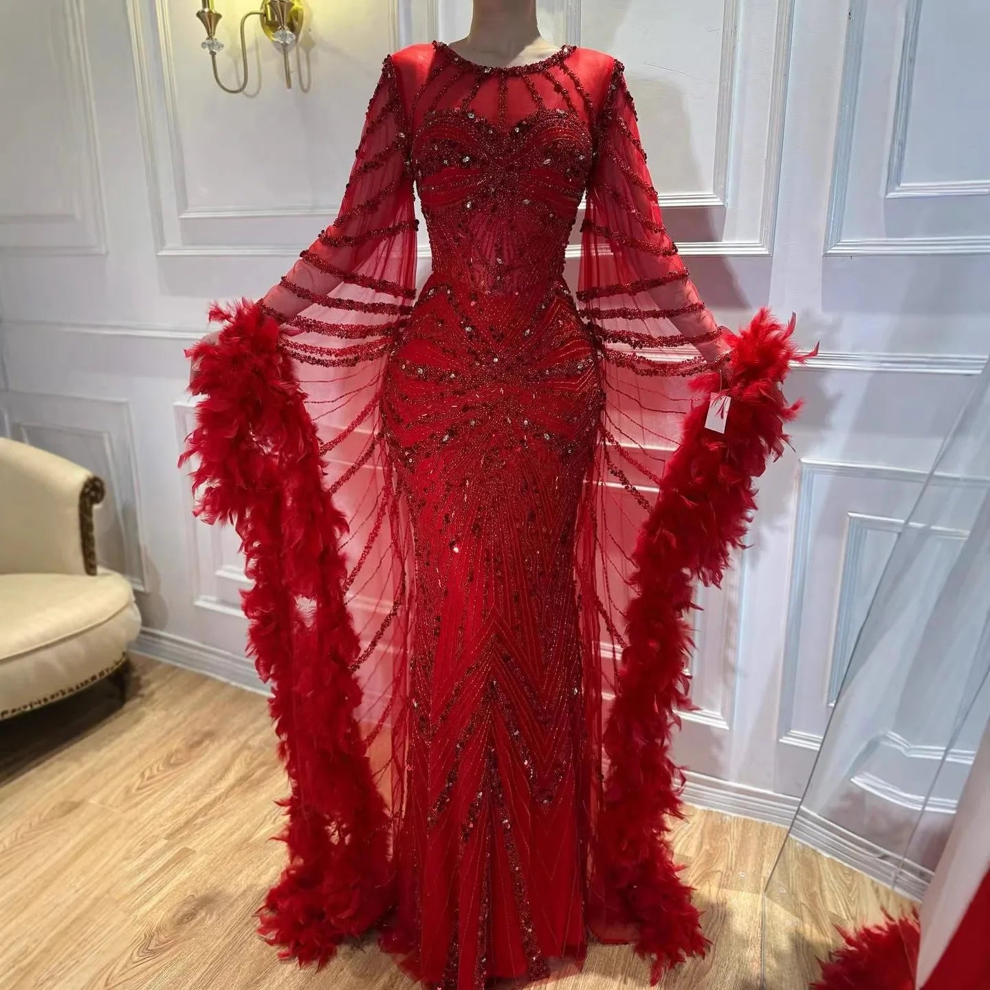Serene Hill Pink Luxury Beaded Mermaid Evening Dress Gowns with Feathers for Formal Occasion Customized DLA72708A