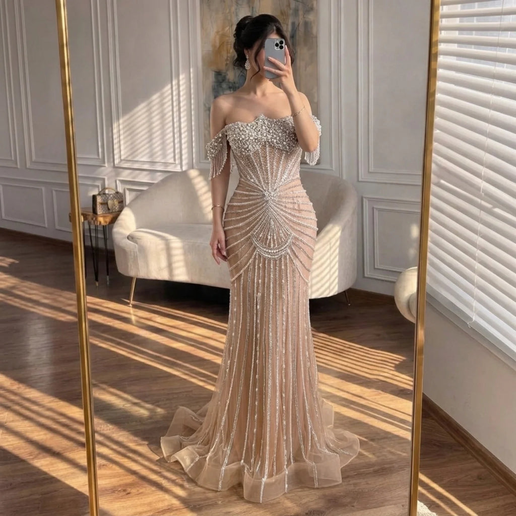 Serene Hill Red Mermaid Beaded Pearl Off-Shoulder Evening Gown 2026 High End Couture Party Dress for Women Customized DLA73148A