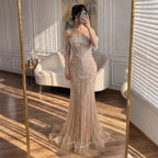 Serene Hill Red Mermaid Beaded Pearl Off-Shoulder Evening Gown 2026 High End Couture Party Dress for Women Customized DLA73148A