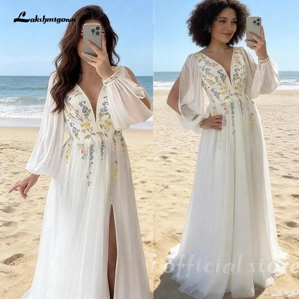 ZapDress Embroidery Flower V-Neck Puff Sleeve Wedding Dress Chiffon Floor-length A-line Evening Gown Customized