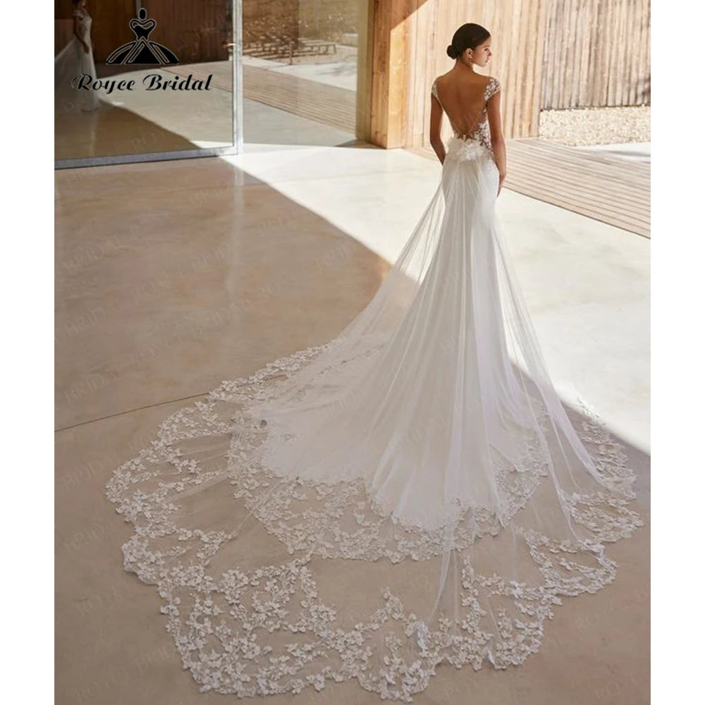 RoyceBridal Cap Sleeve Lace Mermaid Wedding Dress Low Back 3D Floral Appliques Bridal GownVestido De Novia Boda Customized