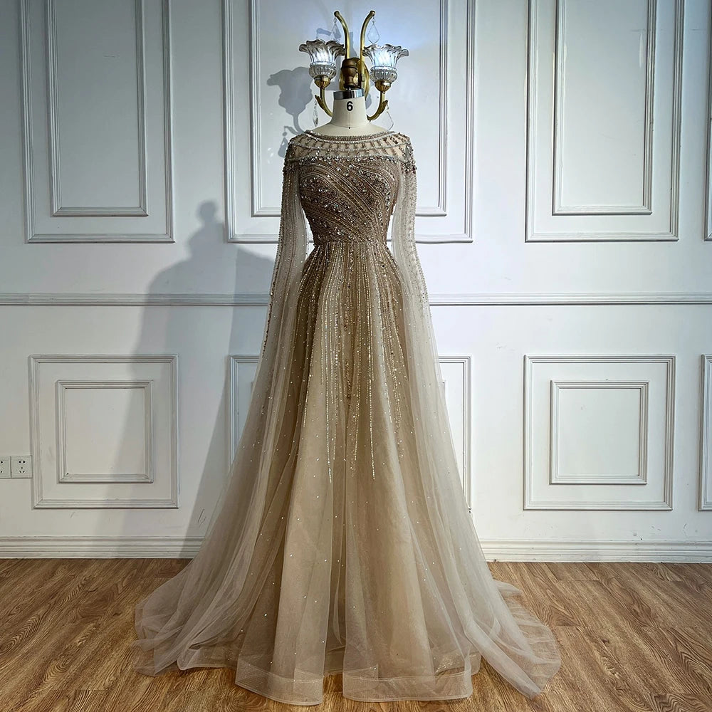 Serene Hill Pink A-line Evening Dress with Cape Sleeves Beaded Wedding Party Gowns for Women DLA72994 Customized