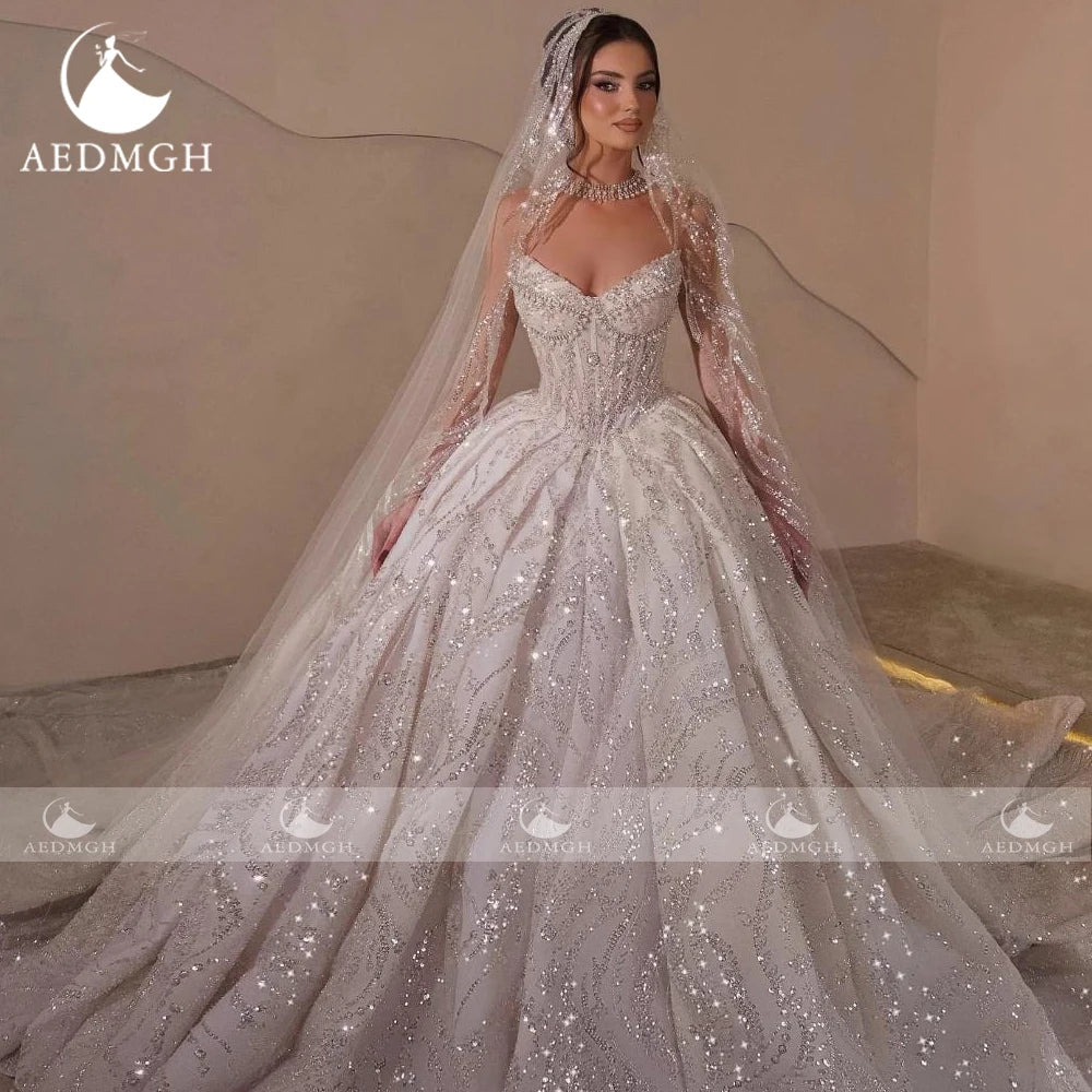 Aedmgh Ball Gown Luxury Wedding Dresses Strapless Vestido De Novia Lace Beaded Sequined Royal Princess Custom Made Bridal Gowns