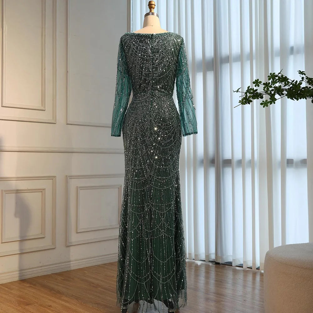 Zapdress Green Square Collar Long Sleeve Mermaid Pearls Beaded Evening Party Gown Overskirt Dress DLA72032N Customized (ZD17342)