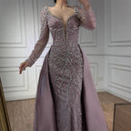 Zapdress Customized 2026 High-end Beaded Blue Long Sleeves Evening Dress with Overskirt Satin Party Gowns for Women (ZD17332)