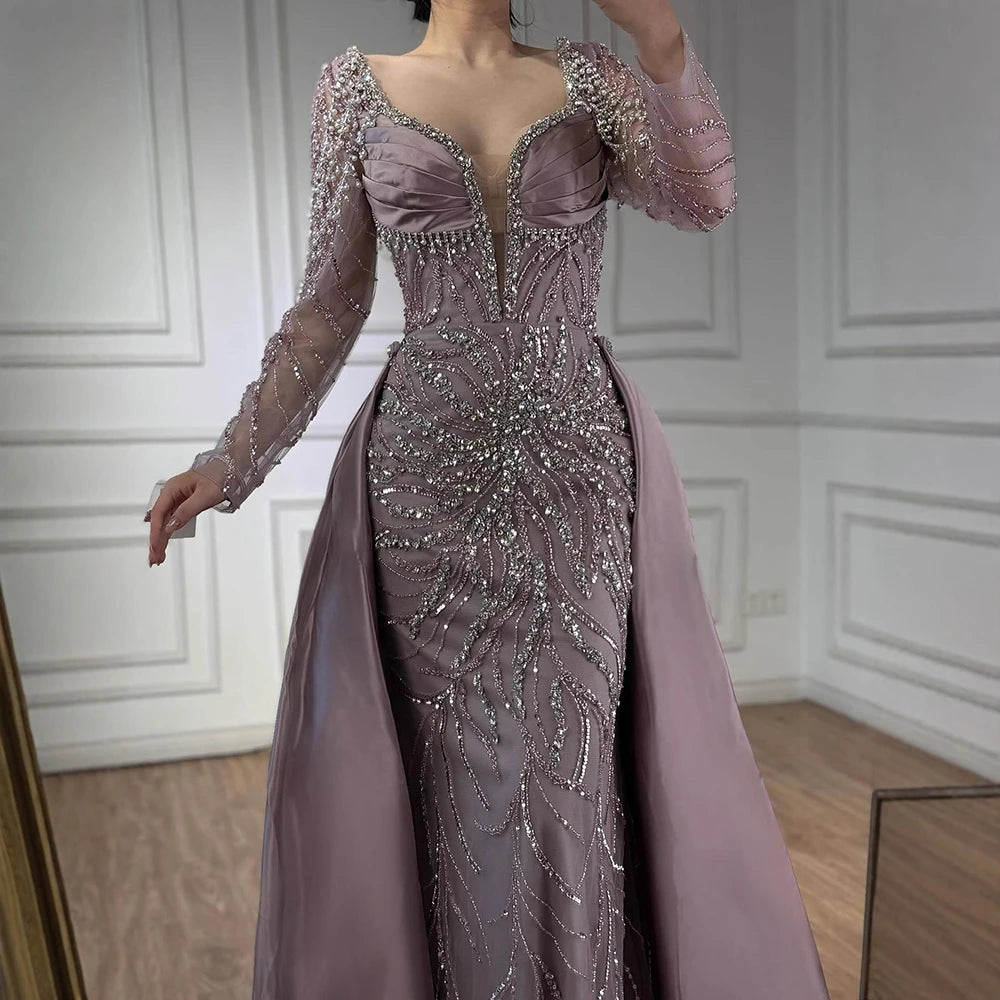 Zapdress Customized 2026 High-end Beaded Blue Long Sleeves Evening Dress with Overskirt Satin Party Gowns for Women (ZD17332)
