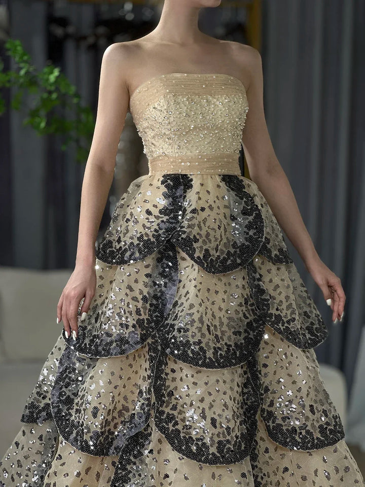 Serene Hill Customized 2025 Black Nude Strapless Evening Prom Dresses Sequined Tiered A-line Party Gowns for Women DLA72505A