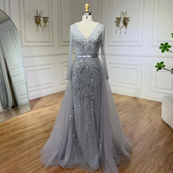 Serene Hill Customized Turquoise Long Sleeves Mermaid Beaded Evening Dresses Overskirt Party Gowns For Women DLA72239A