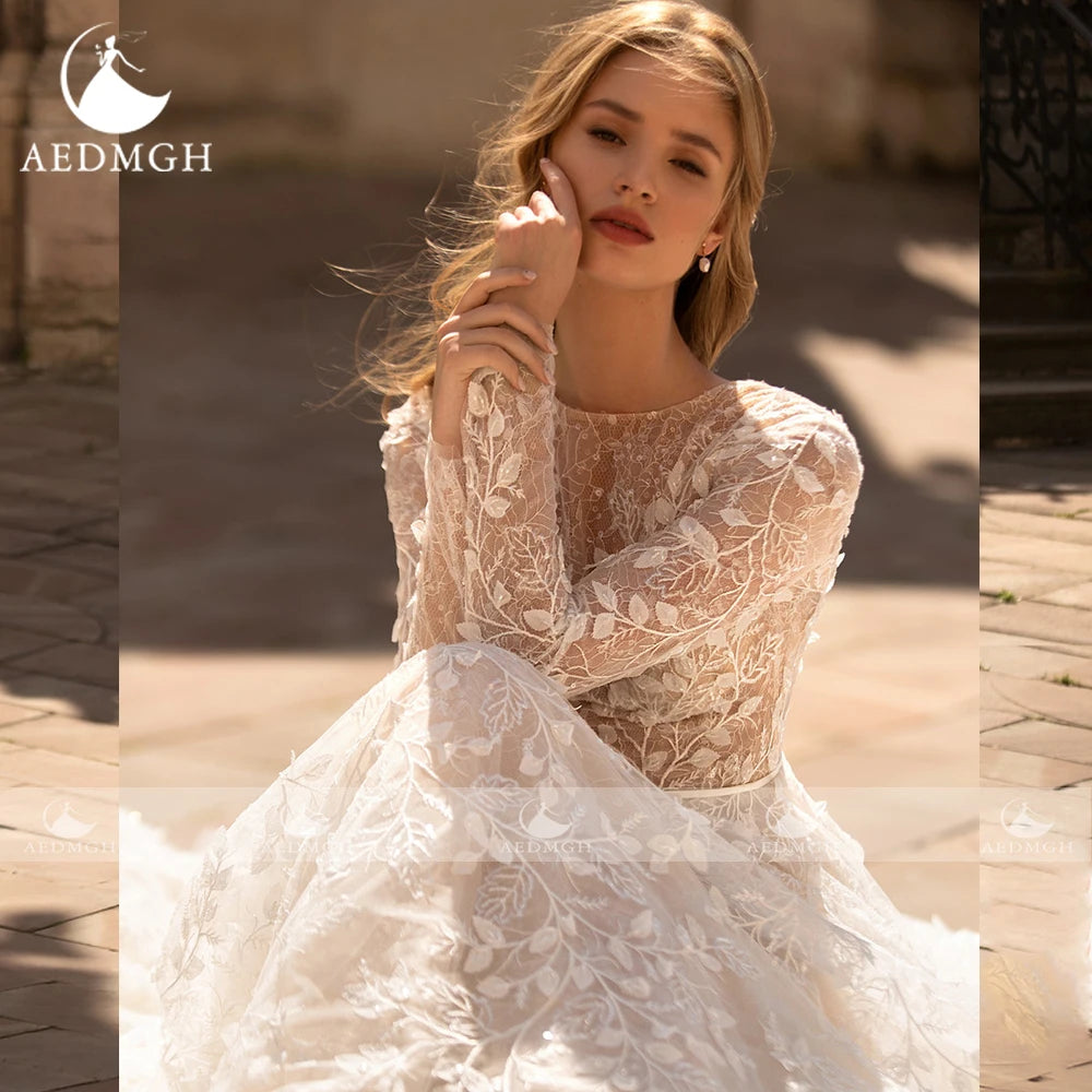 Aedmgh A-Line Boho Wedding Dresses O-Neck Long Sleeve Vestido De Novia Lace Appliques Pearls Sequined Custom Made Bridal Gown