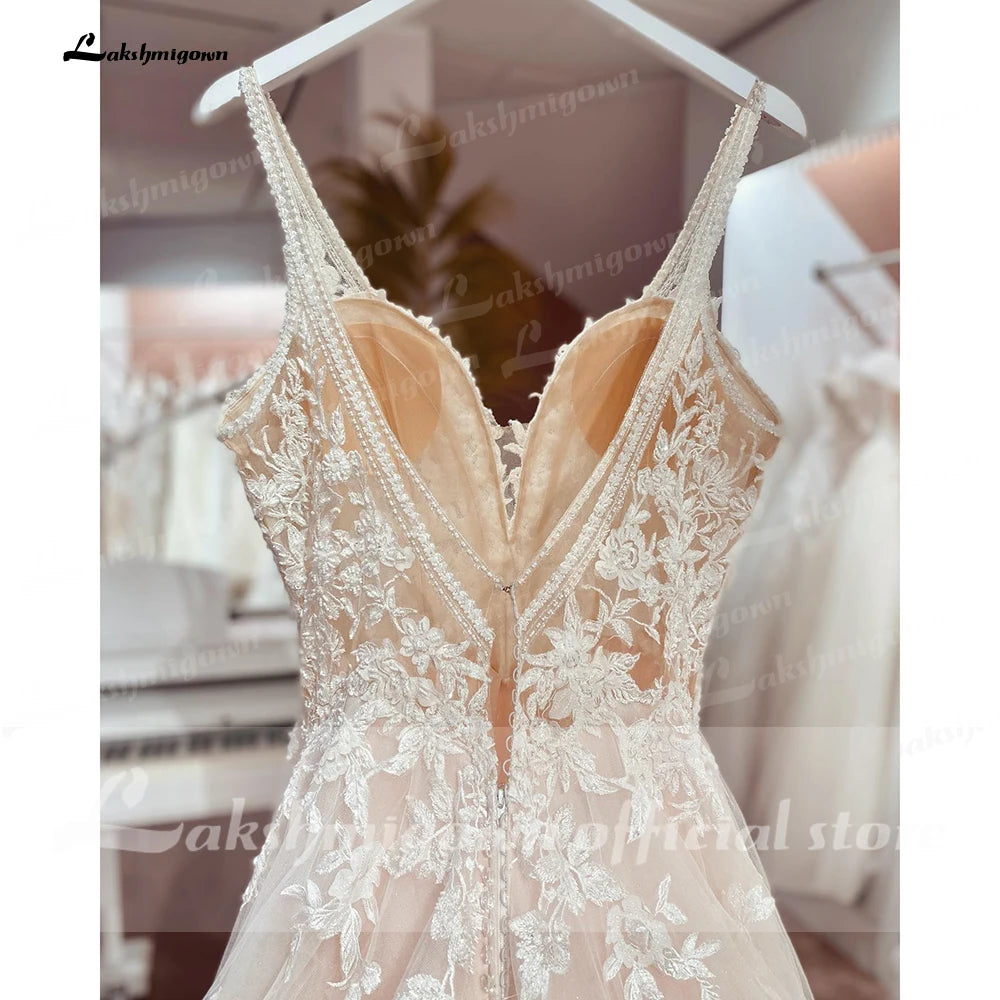 ZapDress Sexy Beach Wedding Dresses Illusion Appliques Boho Bride Dresses Open Back A-Line Tulle Bridal Gowns Robe De Mariee