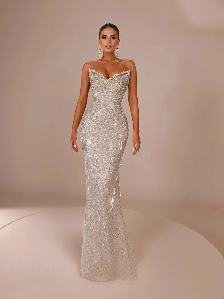 Royal V Neck Wedding Dress With Detachable Train Sequin Beaded Bride Gown by ZAPDRESS