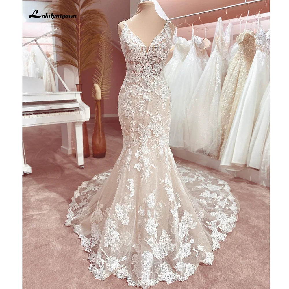 ZapDress Spaghetti Straps Floral Lace Mermaid Wedding Dress Vestido Novia V Neck Civil Bridal Boho Wedding Gowns Customized