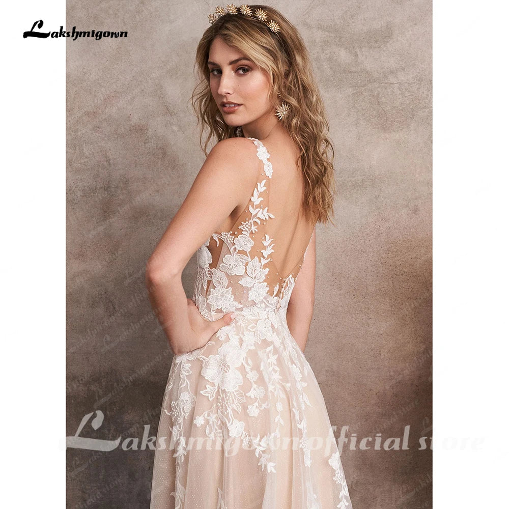 ZapDress Champagne A-Line Wedding Dresses Appliques V-neck Backless Robe Mariee Boho Lace Bridal Gowns  Customized