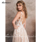 ZapDress Champagne A-Line Wedding Dresses Appliques V-neck Backless Robe Mariee Boho Lace Bridal Gowns  Customized