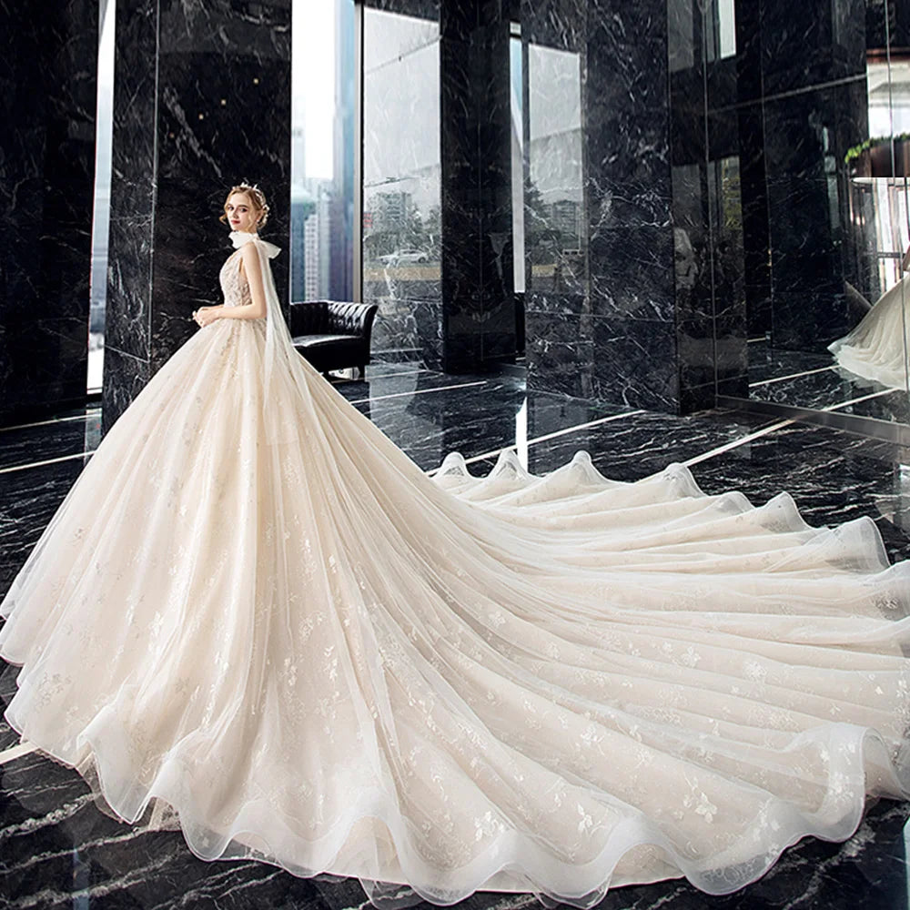 Supper Gorgeous Shiny Crystal Lace Ball Gown Wedding Dress Wih Chapel Train V-neck Bow Shoulder Princess Bridal Dresses