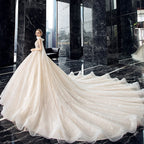 Supper Gorgeous Shiny Crystal Lace Ball Gown Wedding Dress Wih Chapel Train V-neck Bow Shoulder Princess Bridal Dresses