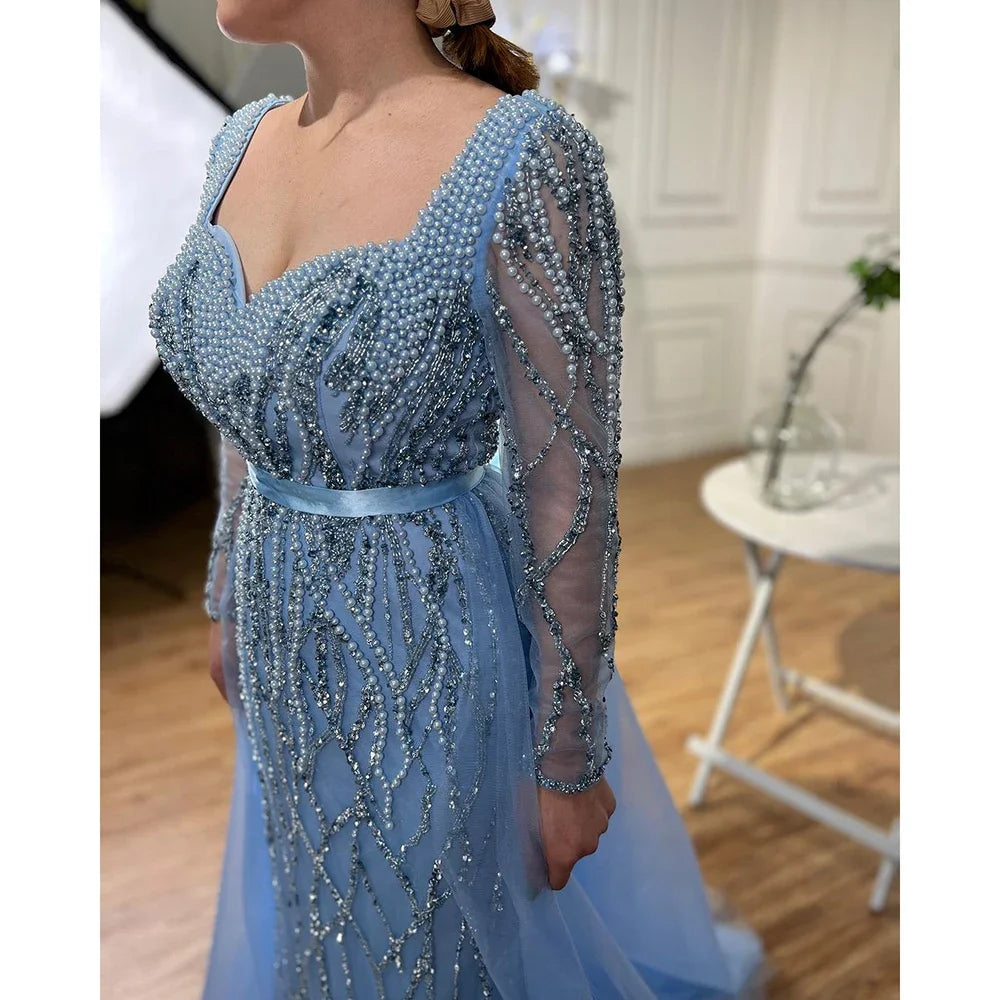 Zapdress Customized Blue Long Sleeves Mermaid Pearls Beaded Evening Dresses Elegant Party Gowns For Women Wedding (ZD17374)