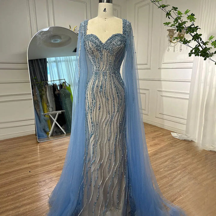 Serene Hill Blue Mermaid Beaded Evening Dresses with Cape Sleeves Wedding Party Gowns for Women DLA71715 Customized