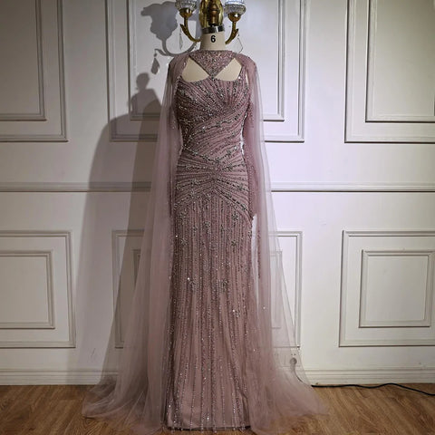 Luxury Caramel Mermaid Evening Dress with Cape Sleeves LA73052