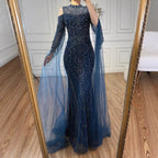 Zapdress Navy Blue O-neck Cold Shoulder Mermaid Beaded Evening Dress Party Gowns with Cape Sleeves Customized (ZD17373)