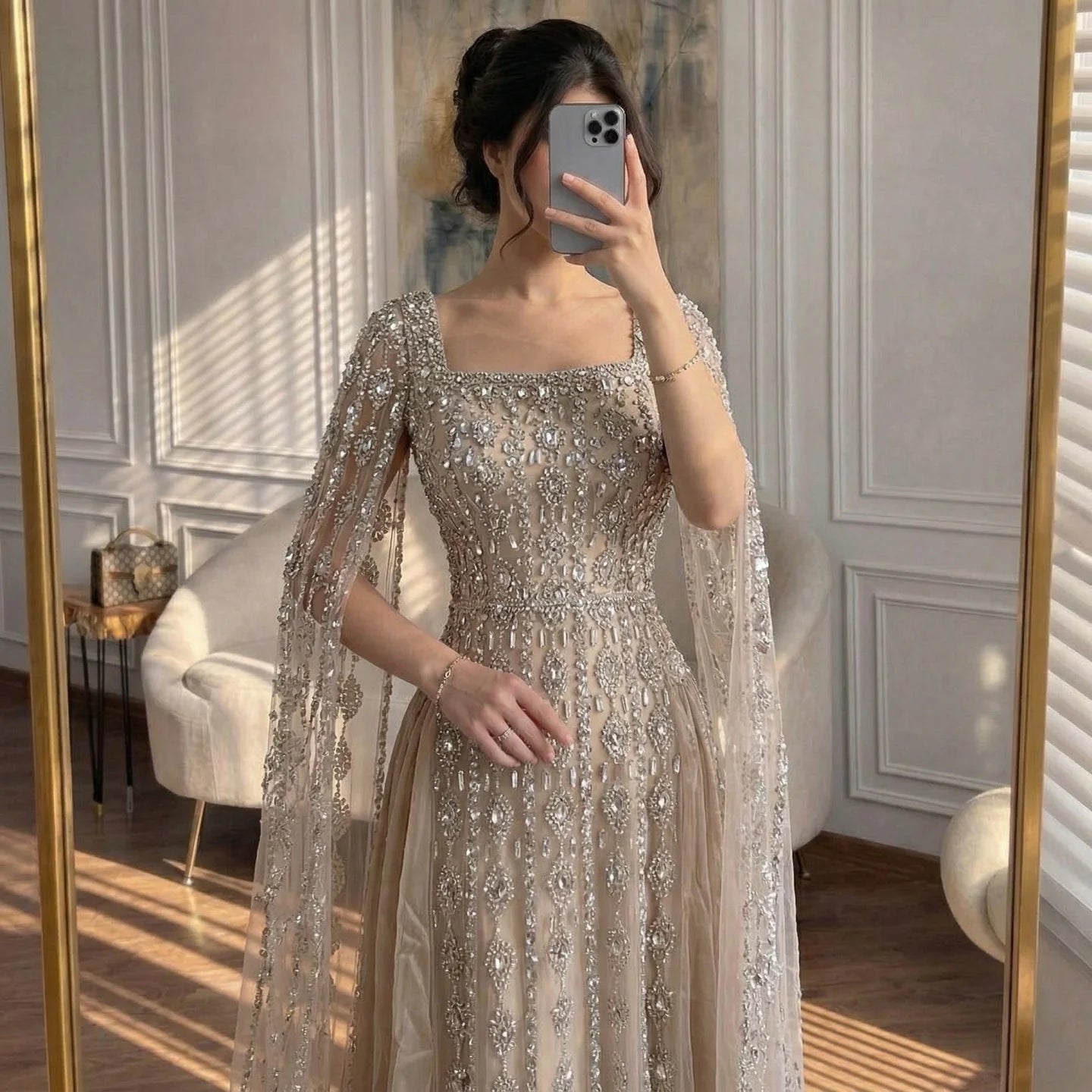 Zapdress Luxury Beaded Evening Gown Elegant Cape Sleeve Square Neck Muslim Wedding Party Dress 2026 DLA73272 Customized (ZD17380)