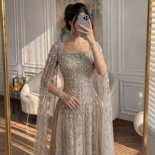Zapdress Luxury Beaded Evening Gown Elegant Cape Sleeve Square Neck Muslim Wedding Party Dress 2026 DLA73272 Customized (ZD17380)