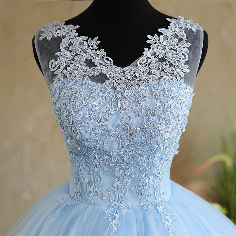 Spring New Sky Blue Quinceanera Dresses Sleeveless V-neck For Party Sweet Ball Gown Lace Appliques Prom Dress Customize Vestido
