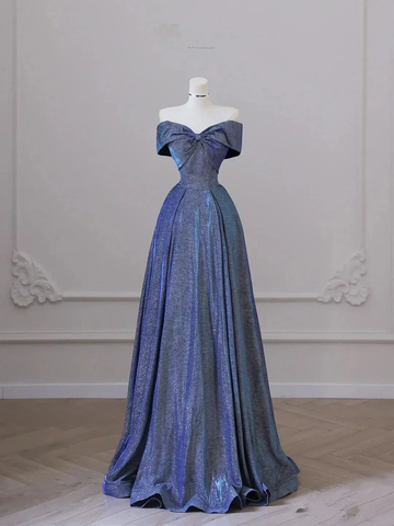 Iridescent off-shoulder evening gown on mannequin in elegant room, ZAPDRESS fashion