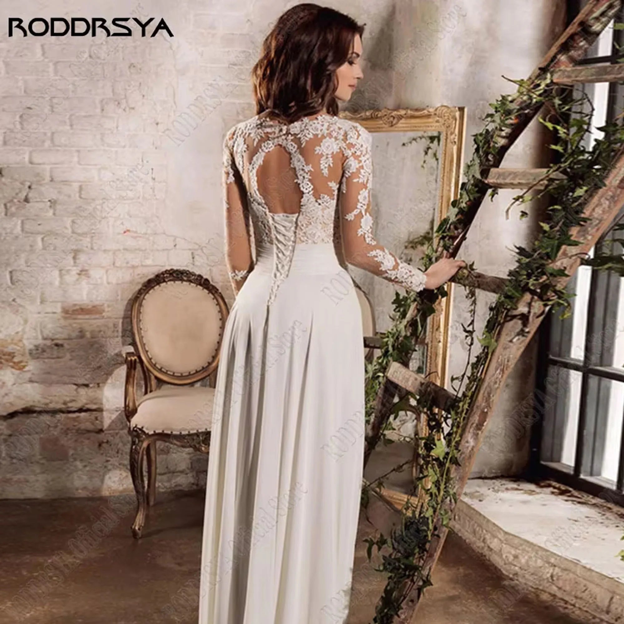 RODDRSYA Wedding Dress Chiffon A line Split Long Sleeve Appliques V Neck Boho Bridal Gowns Backless vestidos de novia Customized