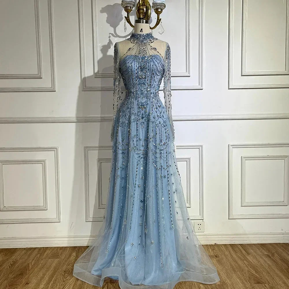 Serene Hill Caramel A-Line Long Sleeves Muslim Evening Gowns Luxury Beaded Party Dress for Women 2025 Customized DLA72704