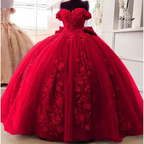 Big Bow Floral Flower Lace Applique Quinceanera Dresses Off Shoulder Sweet 16 Dress Ball Gown Y4263 by simplepromdress