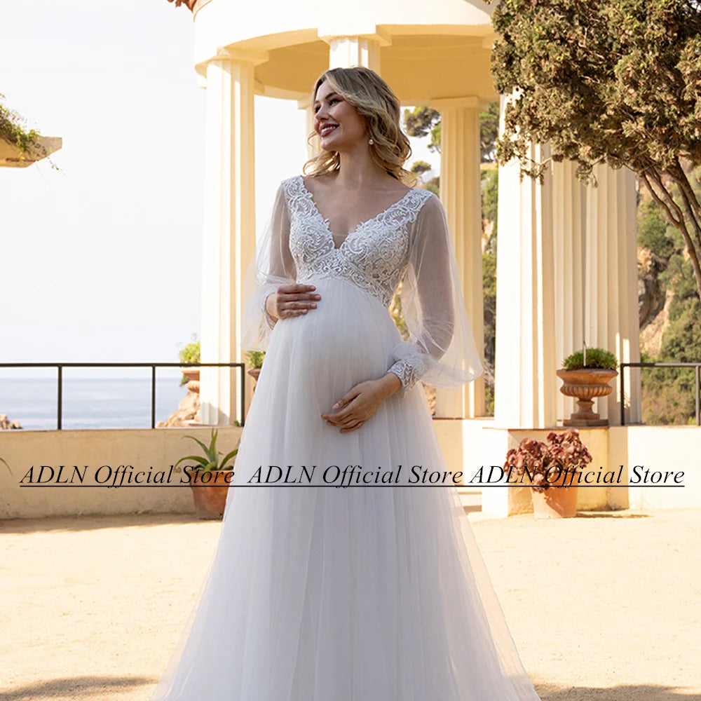 White Ivory Wedding Dress for Pregnant Bride Customized Puff Sleeve V Neck See Through Empire Bridal Gown Lace-up Robe De Mariee