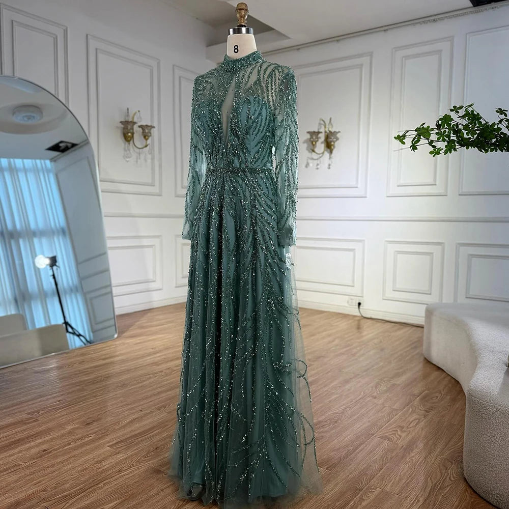 Zapdress Customized Elegant Turquoise A Line Evening Dress with High Neck Beaded Design for Women Formal Party Gown DLA71682A (ZD17384)