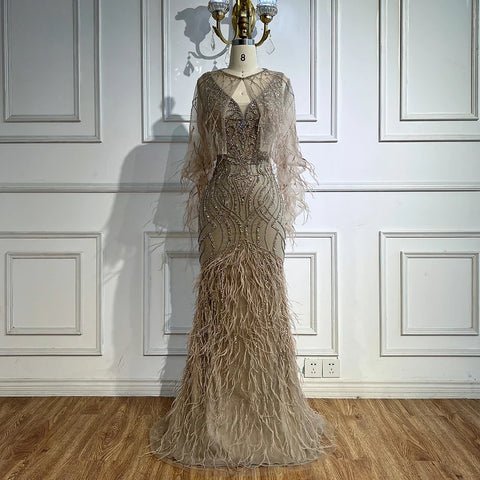 Luxury Caramel Feather Beaded Mermaid Evening Dress LA71866