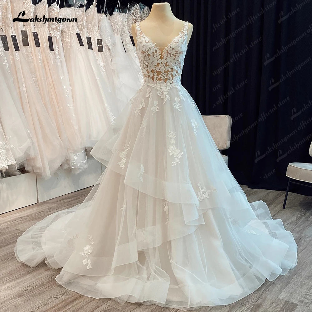 Modern V-neck Wedding Dress Bridal for Woman Tank Appliques A-line Ruched Court Train vestidos de novia de talla grande