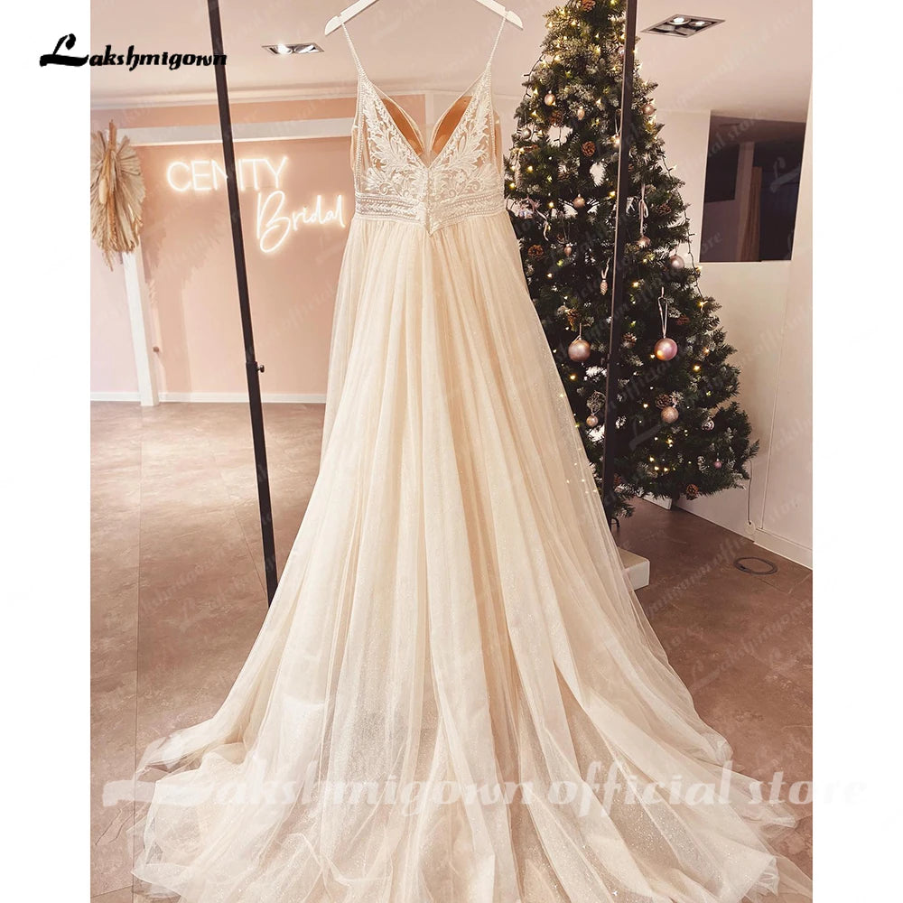 ZapDress Spaghetti Straps Champagne Boho Wedding Dress For Women Vestido Civil Bridal Customized Wedding Gowns Suknie Slubne