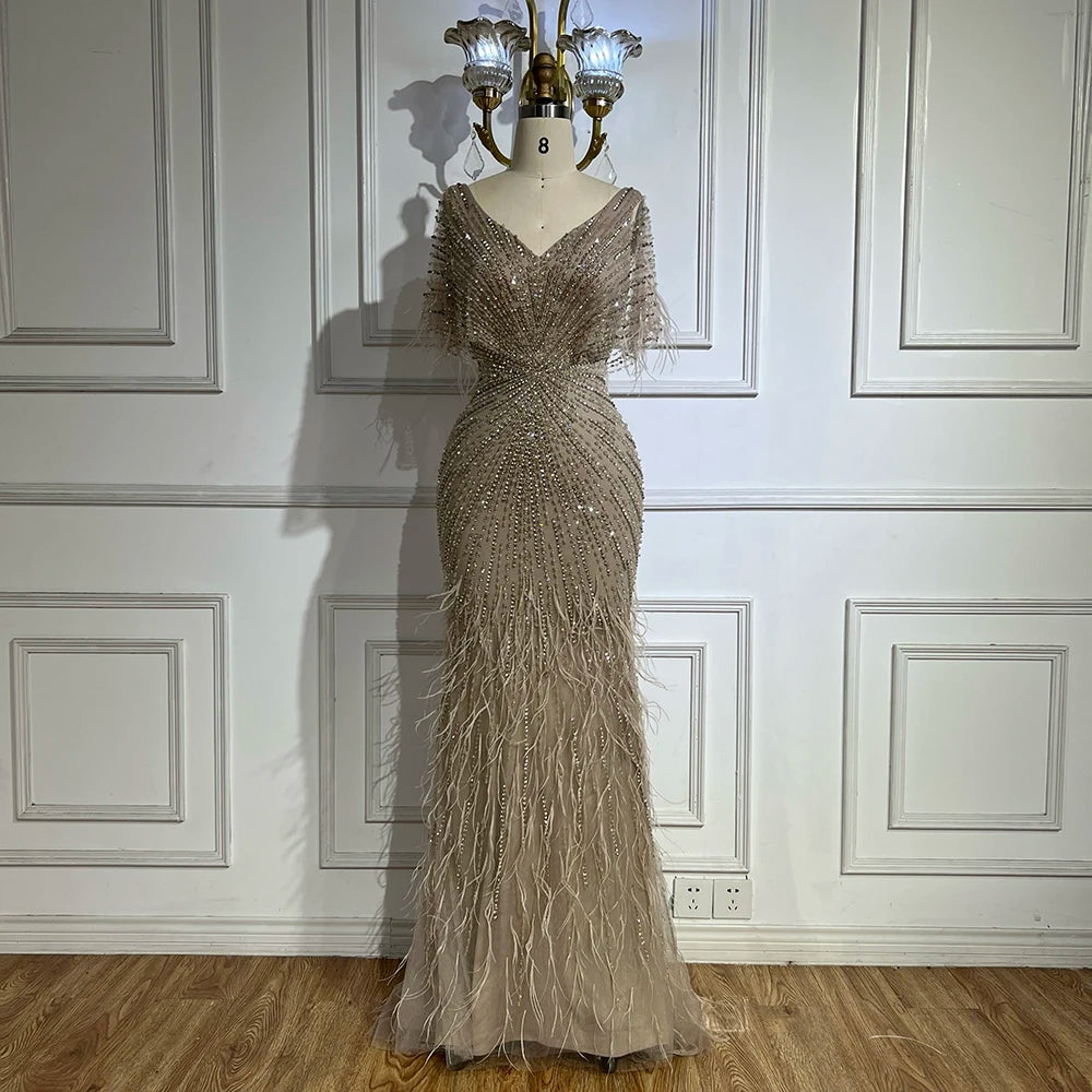 Zapdress Brown Mermaid Beaded Feathers Evening Dresses Elegant Party Gowns for Women DLA71323 Customized (ZD17329)