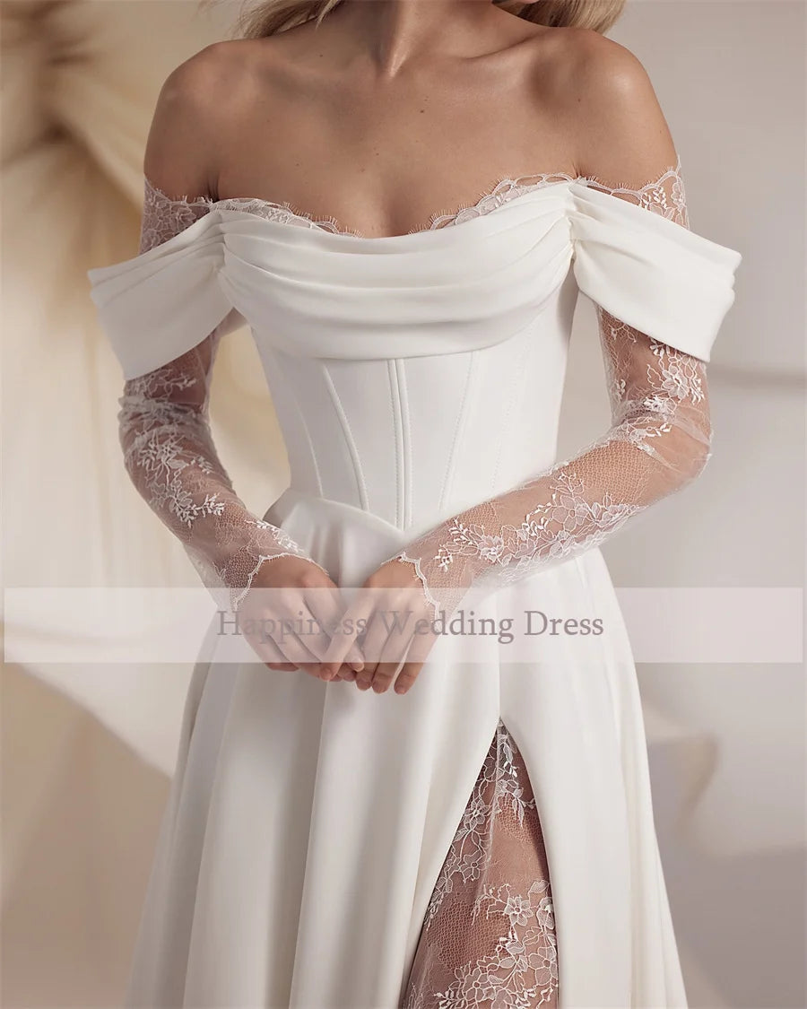 Customized Strapless Corset Designs 3/4 Lace Sleeve Wedding Dress A-Line Front Split Lace Up Bridal Gowns Vestidos De Novia