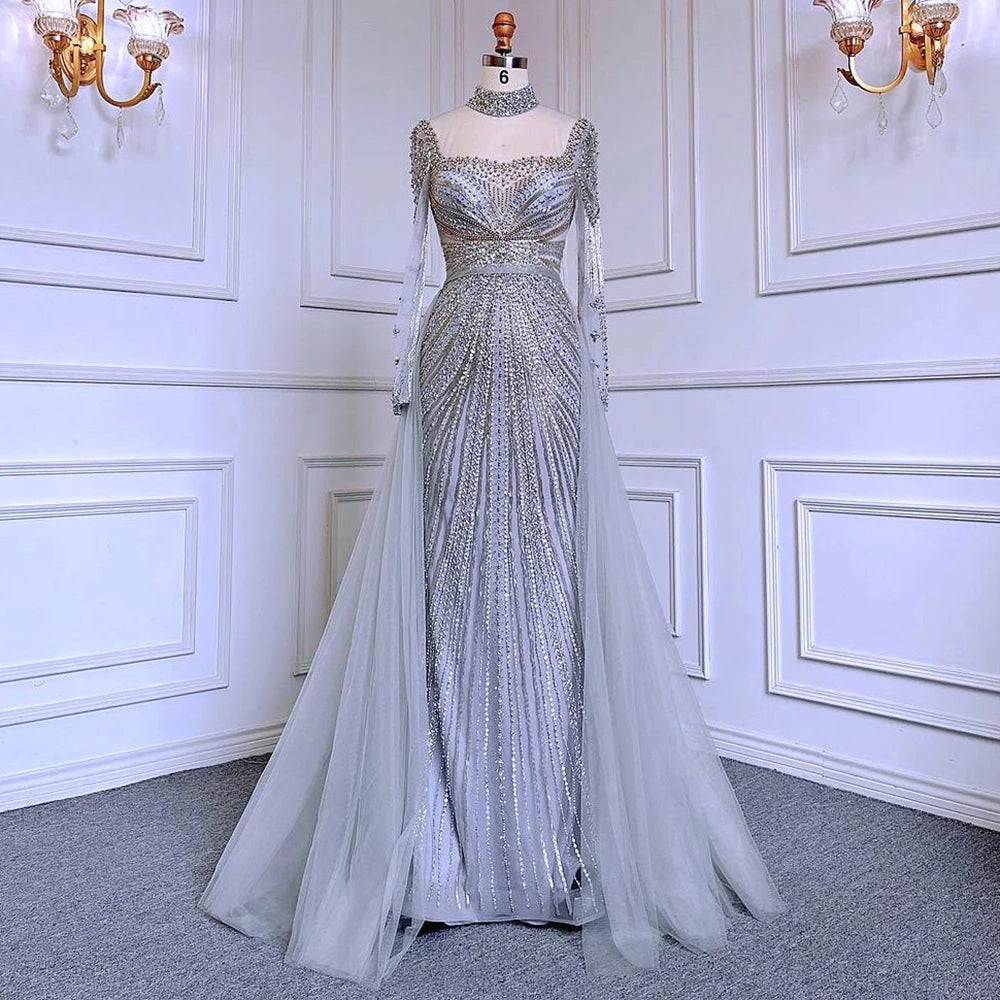 Zapdress Customized Nude Long Sleeves Beaded Mermaid Dubai Evening Dresses 2025 Muslim Party Gowns for Veiled Women (ZD17327)