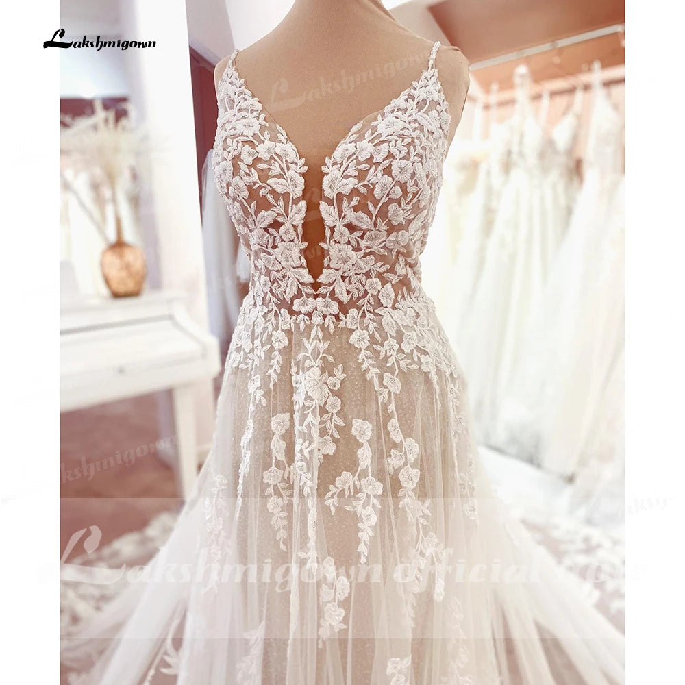ZapDress Lace Wedding Dresses V Neck Appliqued Bridal Gowns Vestido de novia Court Train Boho Wedding Gowns Customized