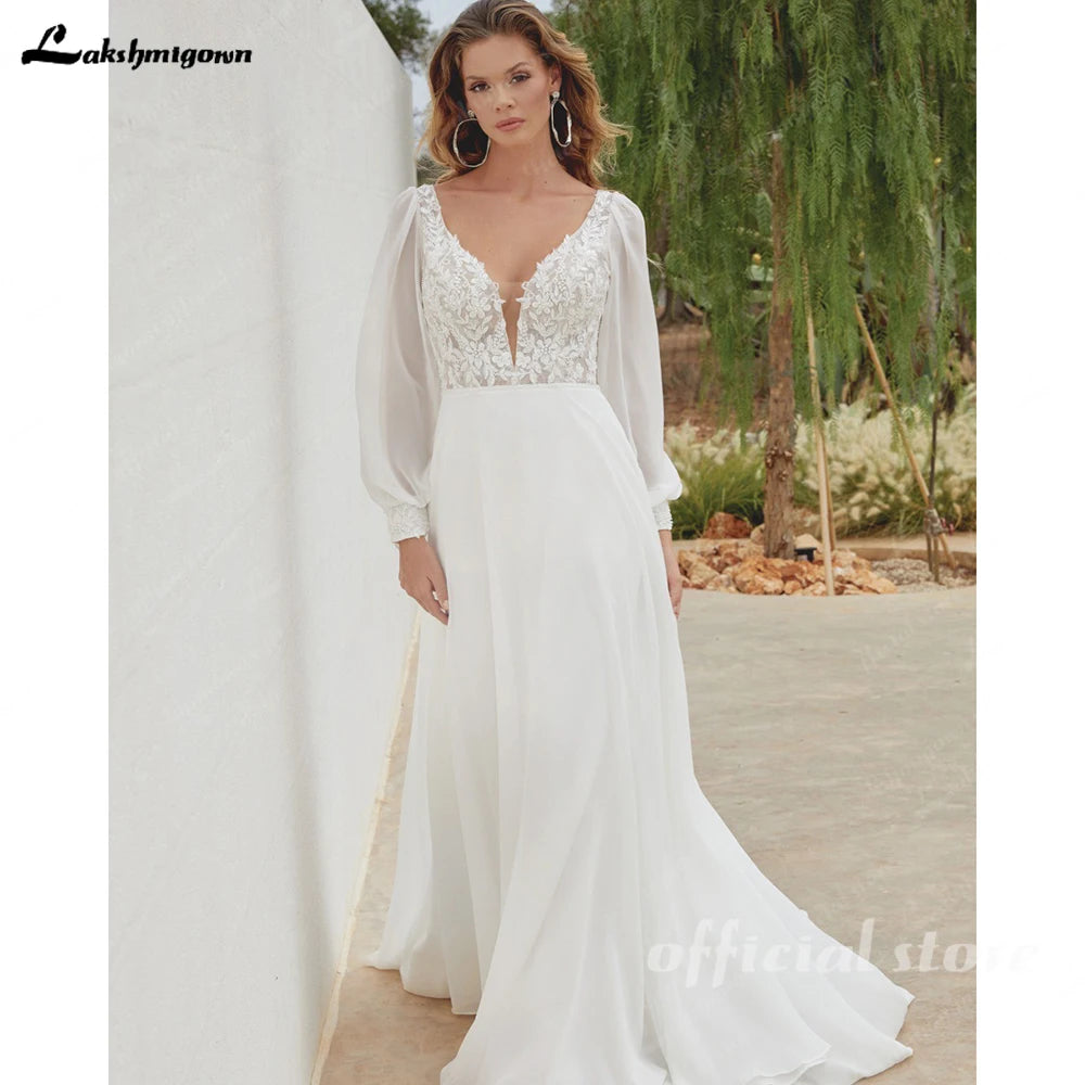 ZapDress Chiffon V Neck Wedding Dress Bride Applique A-Line Civil Double V-Neck Puff Sleeves Bride Gowns Customized
