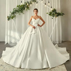 Classic Satin Strapless Sleeveless Bow Pleat A-Line Wedding Dresses Sweetheart Ball Gown Customized