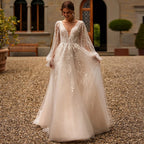 Princess Wedding Dress Customized Puff Sleeves Illusion Back Buttons Applique Sweep Train Vestido De Noiva Bridal Gown