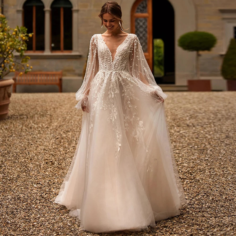 Princess Wedding Dress Customized Puff Sleeves Illusion Back Buttons Applique Sweep Train Vestido De Noiva Bridal Gown