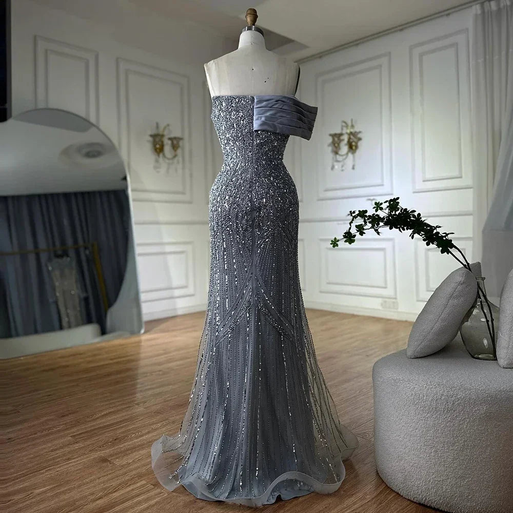 Zapdress 2025 Dubai Grey Mermaid One Shoulder Beaded Long Evening Dresses Gowns For Formal Occasion DLA72650 Customized (ZD17326)