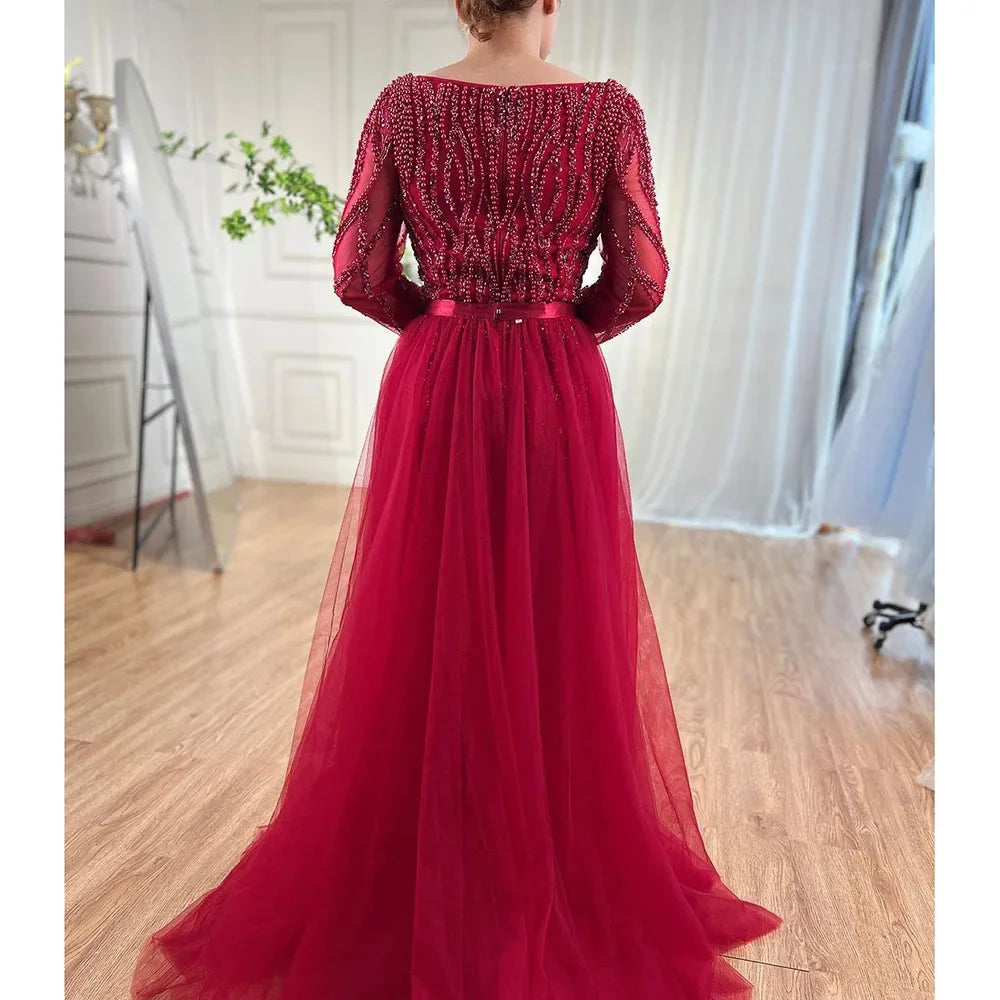 Zapdress Customized Blue Long Sleeves Mermaid Pearls Beaded Evening Dresses Elegant Party Gowns For Women Wedding (ZD17374)