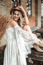 Customized Cold Shoulder Bell Sleeve Wedding Dress Bohemian Side Slit Bridal Dress with Train Bridal Gown for Wedding Occasions